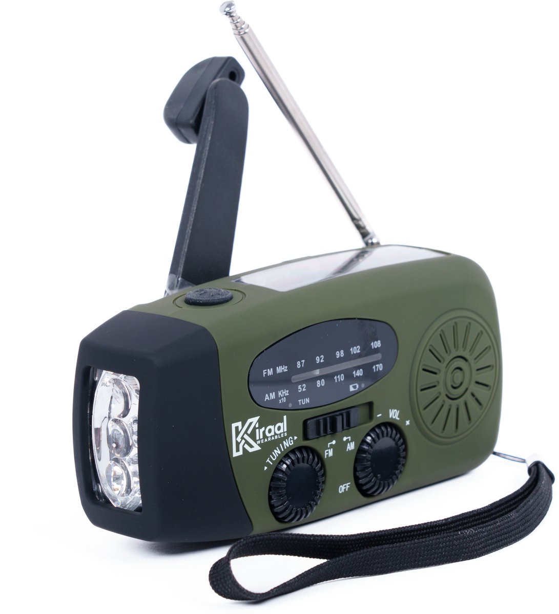 Kiraal – Noodradio Opwindbaar met Accu & Zonnepaneel | Voor Rampen - Noodpakket - Camping & Stroomuitval – Inclusief Nederlandse Handleiding - Legergroen