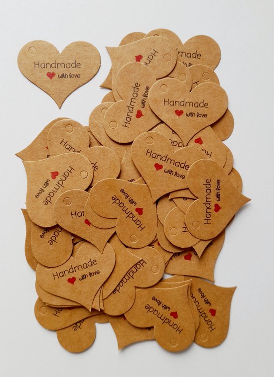Kaartjes - hart - handmade with love - labels - 50 stuks - 3,8 cm x 3 cm