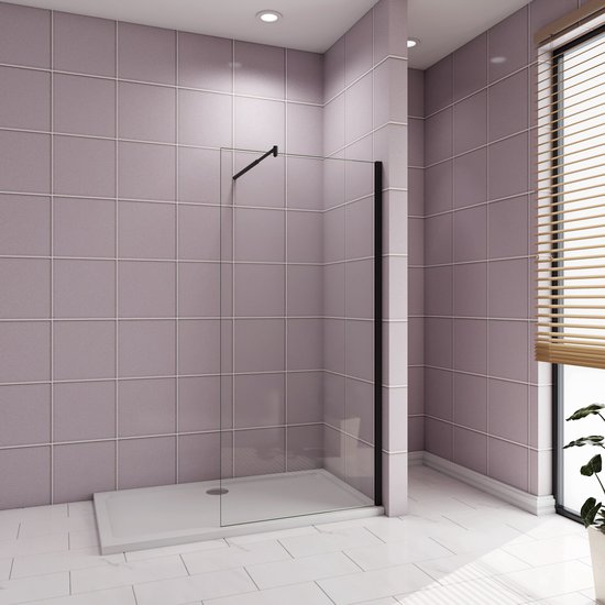 Inloopdouche-douchewand-walk in 8mm NANO EasyClean veiligheidsglas，100x200cm+70-120cm Stabilisatiestang,mat zwart aluminium profiel.
