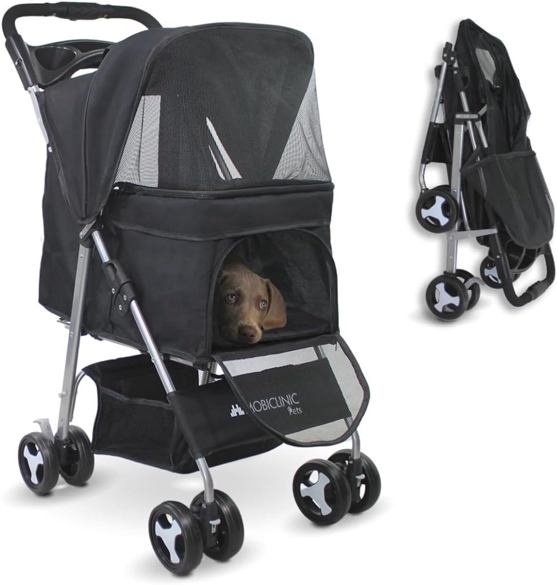 Opvouwbare hondenwagen voor kleine honden met 360° wielen en muggennet