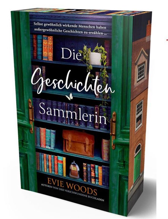 Livre Die Geschichten Sammlerin par Evie Woods. Portes vertes, étagères pleines de livres et un sac en cuir.