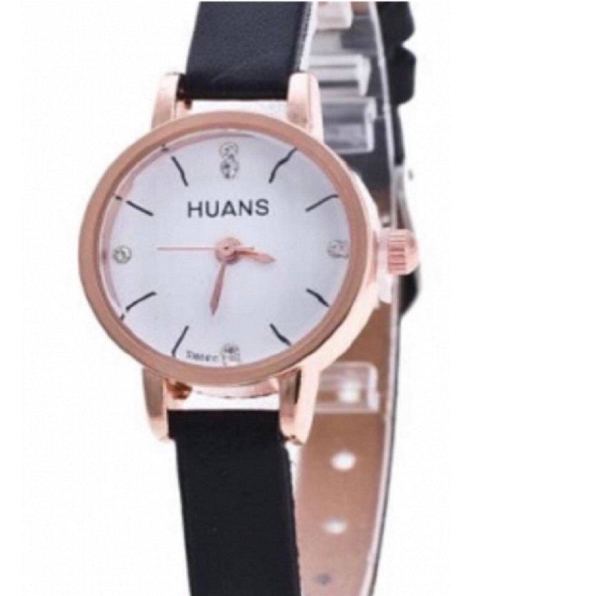 Horloge -Huans -Zwart -Lederenbandje- Zirkonia - Charme Bijoux
