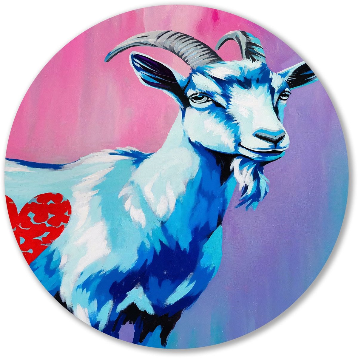 Kleurrijke geit met hart - Geit wanddecoratie rond - Ronde muurdecoratie dier - Pop Art - Wandobject Forex rond - Woondecoratie ideeën - muurcirkel forex 40x40 cm