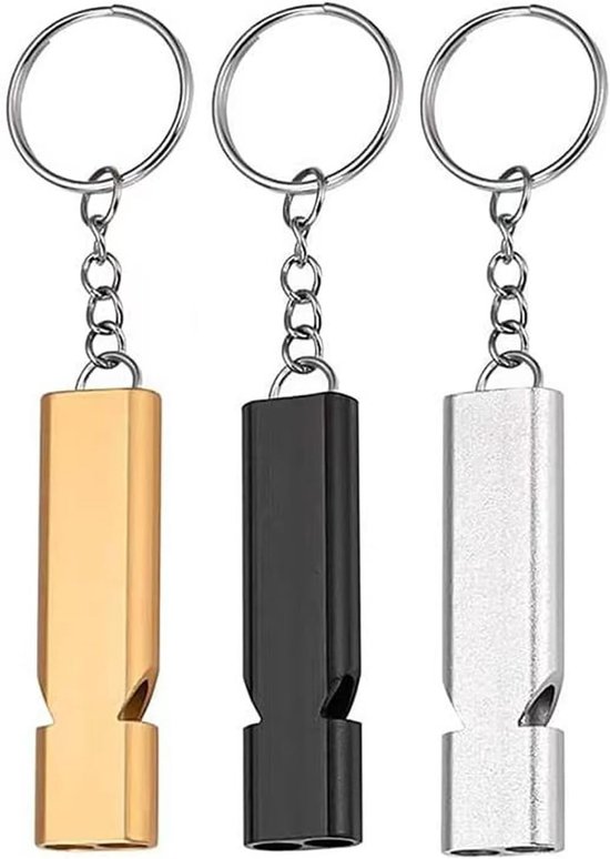 3 stuks fluitje - uitrusting voor buiten - veiligheidsfluitje - sleutelhanger - dubbelloops fluitje - 120 dB - Geschikt voor het bellen om hulp, kamperen, buiten redding, reizen, sport, huisdierentrainin - (goud + zilver + zwart) - Metaal