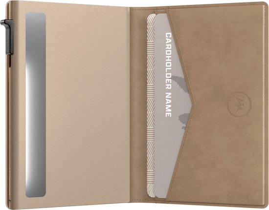 Prowallet Slim – Porte-cartes RFID - Beige – Portefeuille compact pour 8 cartes et billets – Porte-cartes coulissant en aluminium et simili cuir – Coffret cadeau de luxe – Homme & Femme