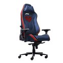 Blauwe Superman gaming stoel met rode en gele accenten, Superman logo op de rugleuning en verstelbare armleuningen.