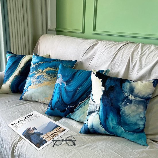 4 Stuks Blauwe Bootkussens - Maritieme Nautische Linnen Kussenhoezen