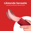 Een hand houdt een rode vibrator vast met een flexibele tong, die 'likkende sensatie' en 'levensechte orale stimulatie' symboliseert.