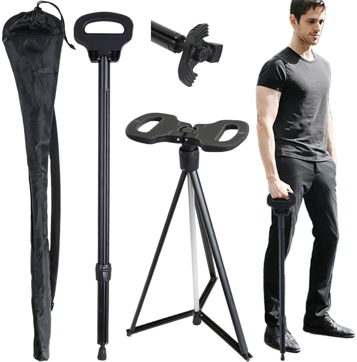 CLVP® Wandelstok met Zitje - Opvouwbaar – Wandel Zitstok Tot 100 kg - Driepoot