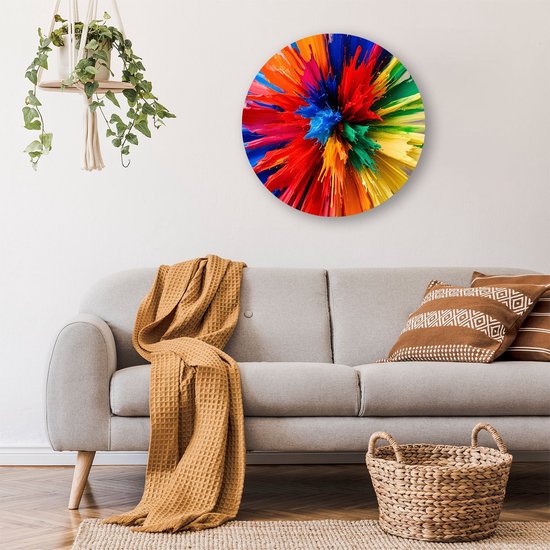 Kleurrijke verfexplosie abstract kunst - Kleuruitbarsting schilderij rond - Ronde wanddecoratie kleuren - Abstracte kunst - Ronde Forex wanddecoratie - Woonkamer schilderijen - muurcirkel forex 70x70 cm