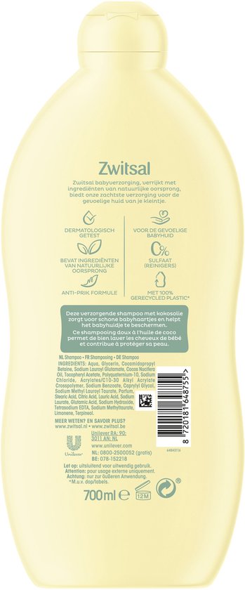 Achterkant van een gele fles Zwitsal shampoo met productinformatie, ingrediënten en 700ml.