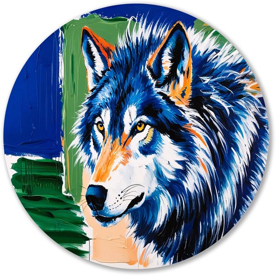 Kleurrijk ontwerp van een wolf - Wolf wandcirkel - Rond wandpaneel dier - Expressionisme - Forex ronde decoratie - Wandkunst voor slaapkamers - muurcirkel forex 40x40 cm