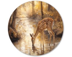 Hert drinkt bij bosbeekje - Hertje wanddecoratie rond - Ronde wanddecoratie hert - Realisme - Ronde Forex wanddecoratie - Wooninrichting met schilderijen - muurcirkel forex 70x70 cm