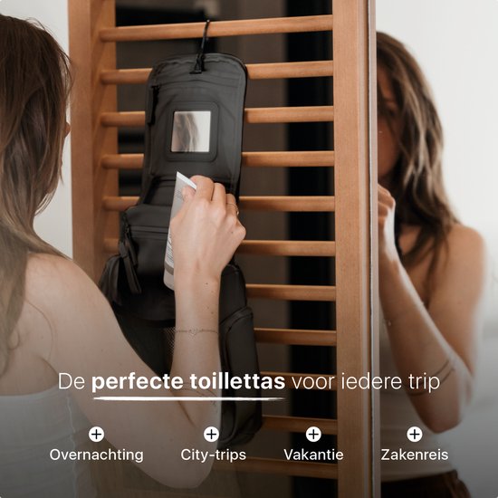 ONYX Toilettas Zwart - Make Up Tasje - Cosmetica Organizer - Interne Organizers - Beautycase & Make-Up Spiegel - Toiletzak Hangbaar met Haak - Dames en Heren - Maat: L