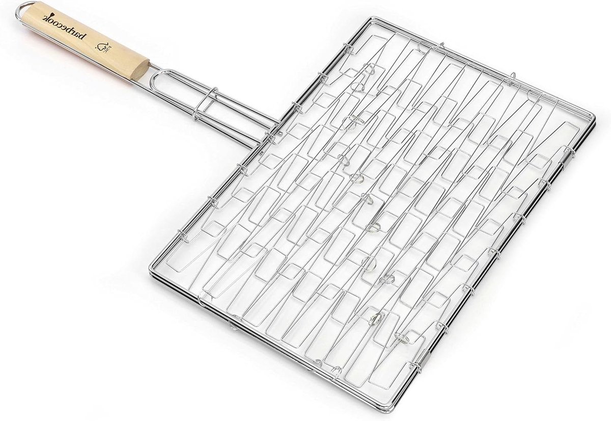 Elastisch BBQ Grillrooster 40x28cm - Chroom met Houten Handgreep - Barbecue Accessoire