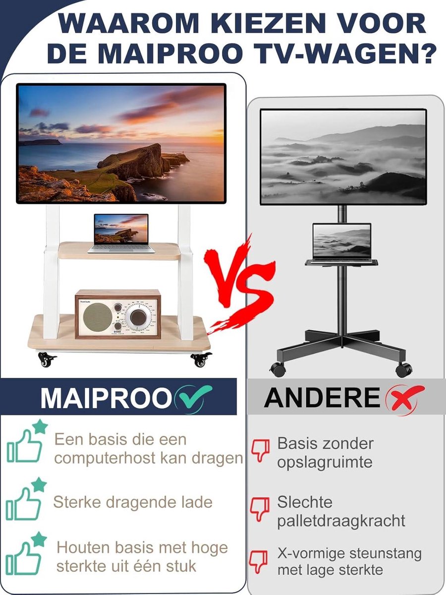 Robuuste mobiele tv-standaard op wielen, hoge vloer-tv
