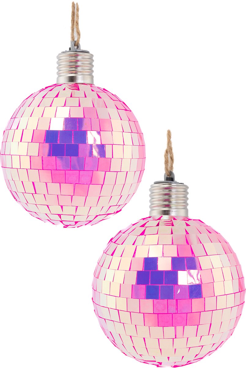 KIMU® 2x Discobal Ø 10 cm LED Iridescent Roze - Discobol Klein Spiegelbol Glitterbol Glitter Spiegeltjes Disco Bal Bol Decoratie Kerstballen Kerstbal Festival