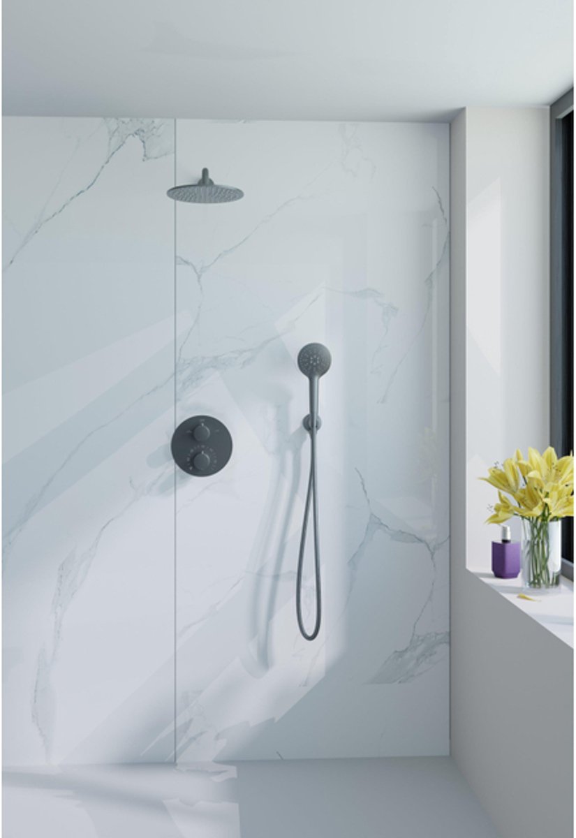 Fortifura Calvi Inbouw Regendoucheset - rond - thermostatisch - wandarm - 25cm hoofddouche - ronde handdouche - Geborsteld Gunmetal PVD