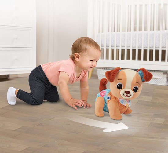 Een baby kruipt achter een zachte, bruine puppy aan, met een witte pijl die de beweging aangeeft.