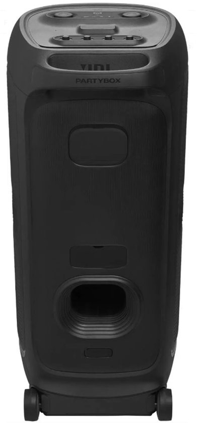 Zijprofiel van de zwarte JBL PartyBox Ultimate met wielen en handvat.