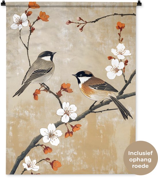 Wandkleed 90x120 cm - Wanddoek Vogels - Bloesemtak - Bloemen - Oranje - Wandtapijt - Wandkleden
