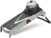 Grijze mandoline snijder met ronde, zwarte en grijze opzetstukken en een rode knop.