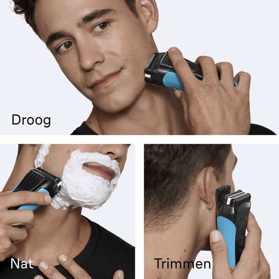 Een man scheert zich droog, nat met scheerschuim en trimt zijn baard met het blauw-zwarte Braun scheerapparaat.
