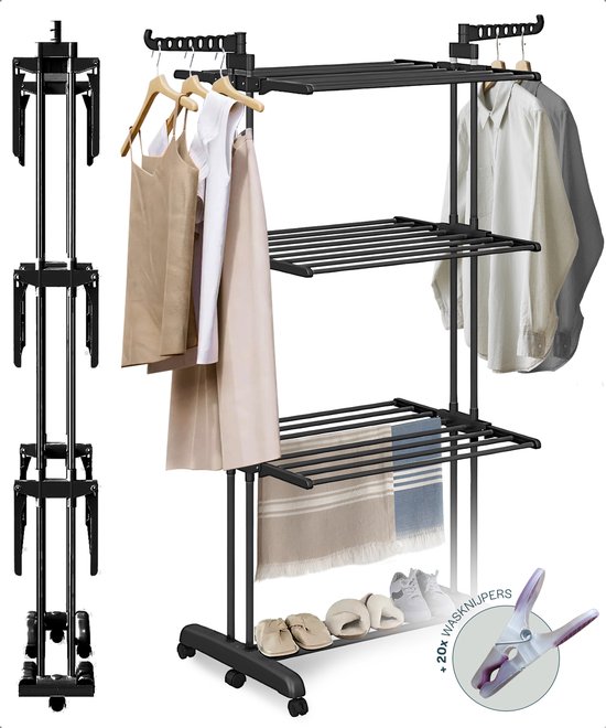 BAUER & MEYER® - Droogrek - Inklapbaar Wasrek - Incl. 20 wasknijpers - Droogtoren - Wastoren - 173 x 75 x 63 cm - Zwart