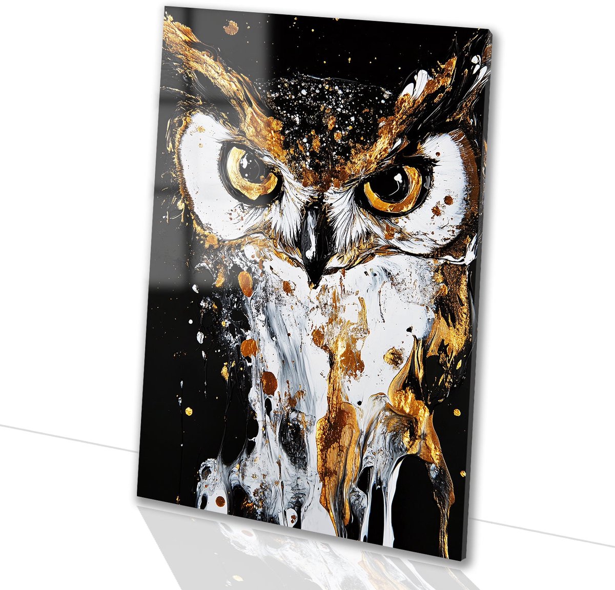 Moderne uil met gouden details - Uil glas schilderij - Wandkunst dier - Abstract expressio