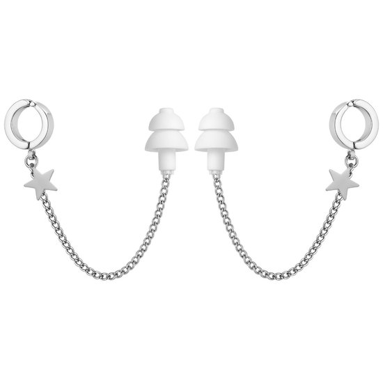 Twee zilverkleurige oorclips met ster-bedel en ketting, verbonden aan twee witte oorpluggen.