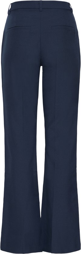 Donkerblauwe pantalon met wijde pijpen, rug weergave.