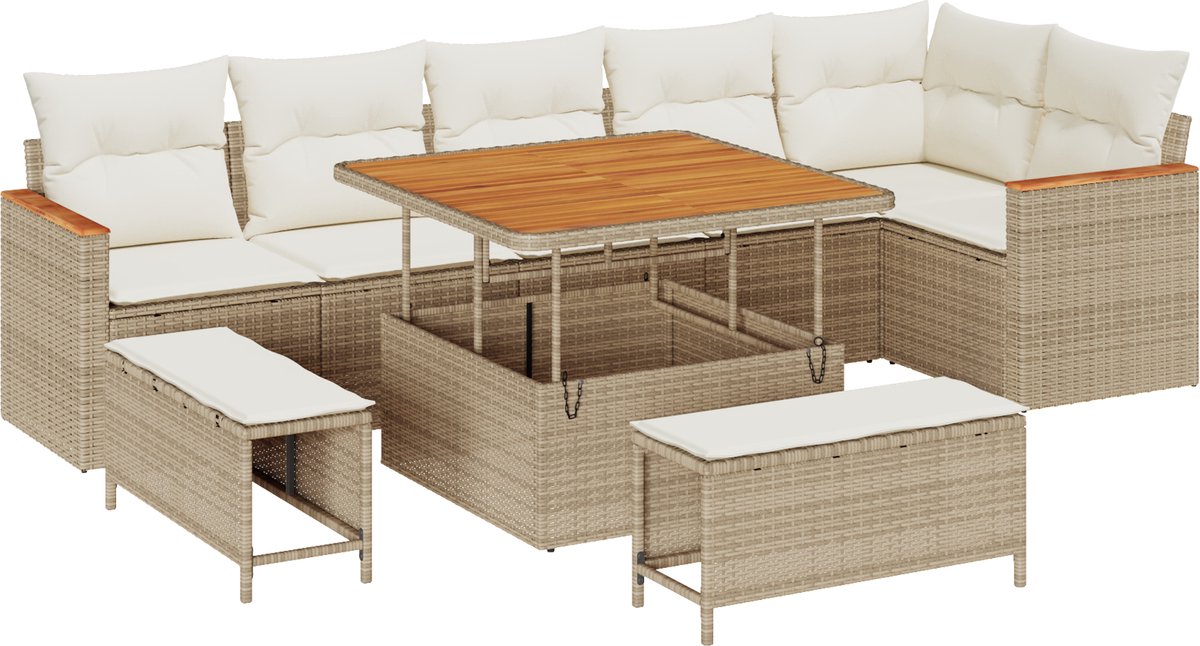 vidaXL - Tuinbank - Set - met - kussen - 9 - pcs - Beige - Poly - rattan