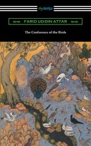 Boekomslag van 'The Conference of the Birds' met diverse vogels, waaronder een pauw en kraanvogels, tegen een gouden achtergrond.