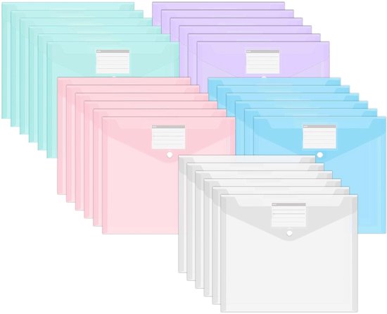 Documentenmap A4, transparante documententas A4 met drukknop, waterdichte verzamelmappen, A4-mappen met 11 ringgaten en etiketvak (24 stuks, witte drukknop
