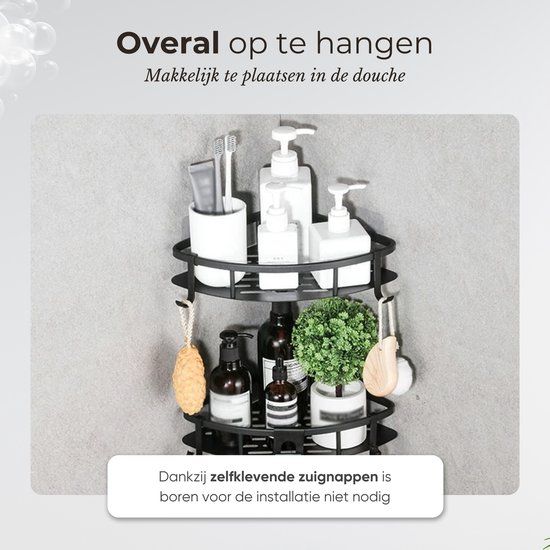 Support de douche sans perçage - Accessoires de salle de bain - Support de douche - Panier de douche - Acier inoxydable - Support d'angle - Suspension - Zwart - 2 pièces