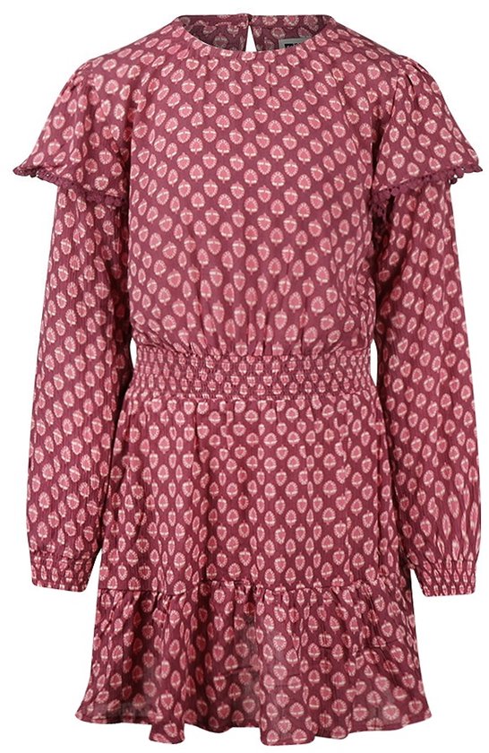 Bourgondische jurk met lange mouwen en een all-over bladprint in roze tinten. Elastische tailleband en ruches aan de schouders en zoom.
