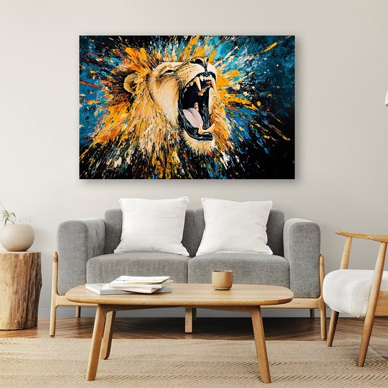 Kleurrijke leeuw met dynamiek - Leeuw glazen schilderij - Muurdecoratie glas dieren - Abstract expressionisme - Kunst op acrylaat - Klassiek schilderijen - acrylglas 105x70 cm