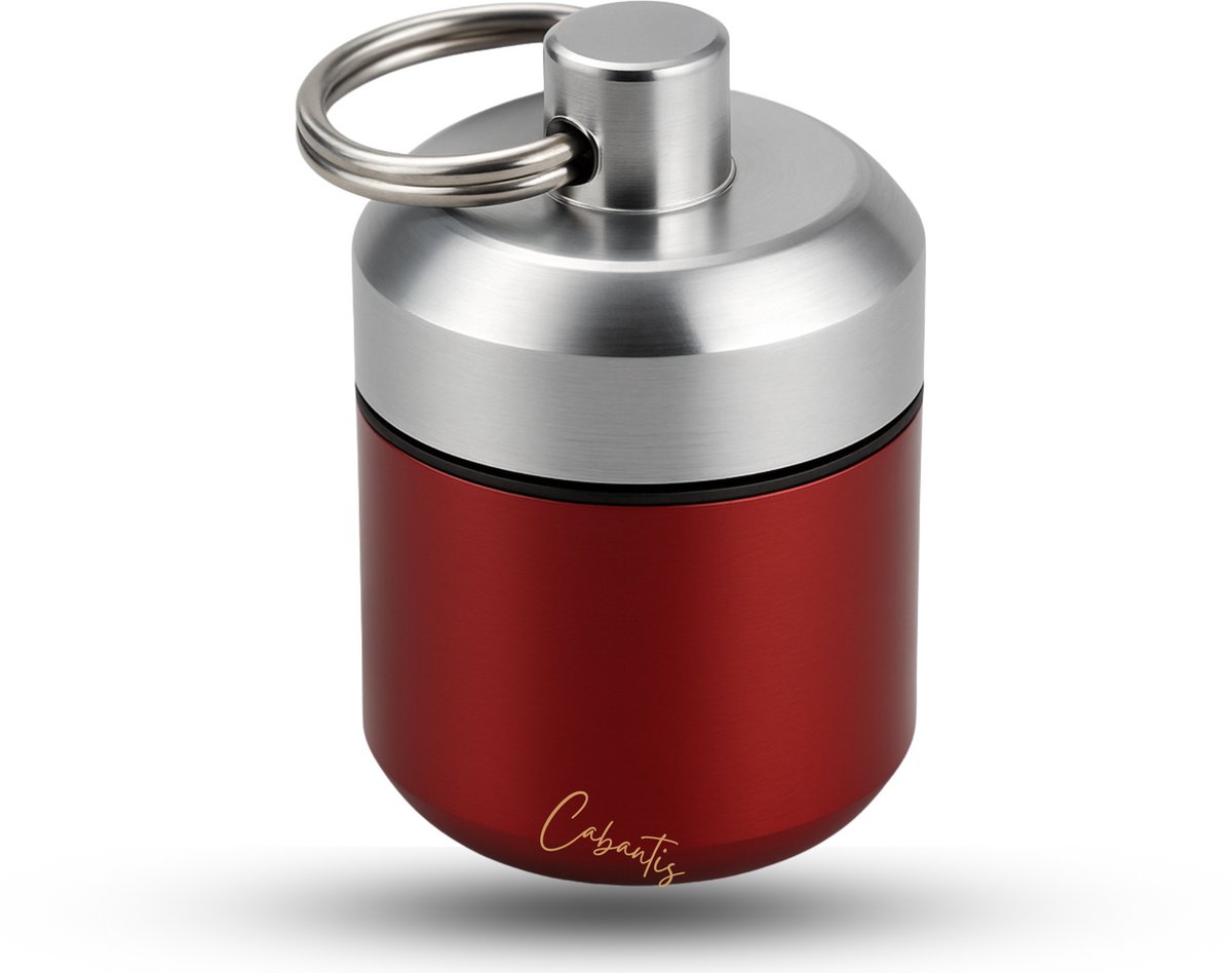 Cabantis® Bulky Mini Pillendoos Sleutelhanger – Aluminium Medicijnhouder – Reispillendoosje – Makkelijk Schoon te Maken – Draagbaar & Lucht- en Waterdicht – Rood & Zilver
