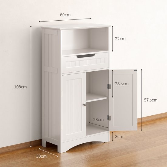Xbro Badkamerkast met Lade en 2 Deuren, Vrijstaande Ladekast met Verstelbare Planken, 108x60x30 cm, Vochtbestendig MDF, Wit