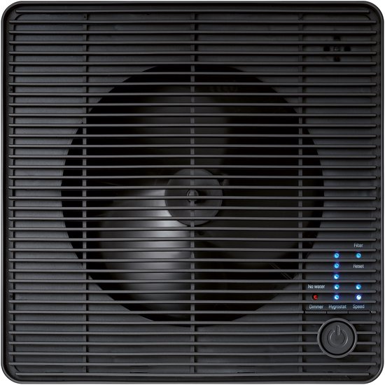 Zwarte luchtbevochtiger met rooster, ventilator en LED-indicatoren.