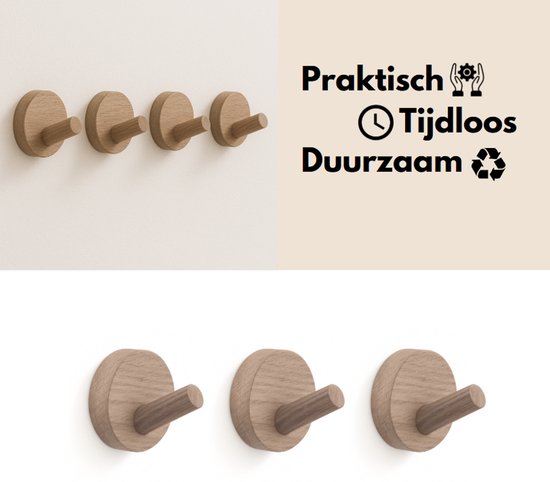 Set van vier praktische, tijdloze en duurzame houten wandhaken in een rij.
