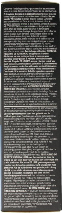 Achterkant van de Veet Men ontharingskit verpakking met waarschuwingen en voorzorgsmaatregelen voor gebruik in het Nederlands en Frans.