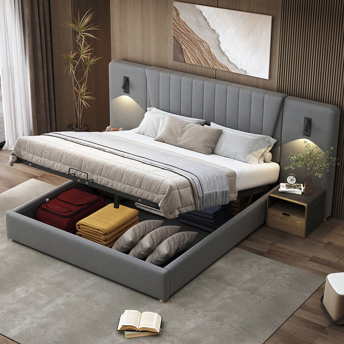 Pugsdrly Gestoffeerd bed 180*200 cm, met extra lange rugleuning, leeslamp met verstelbare 