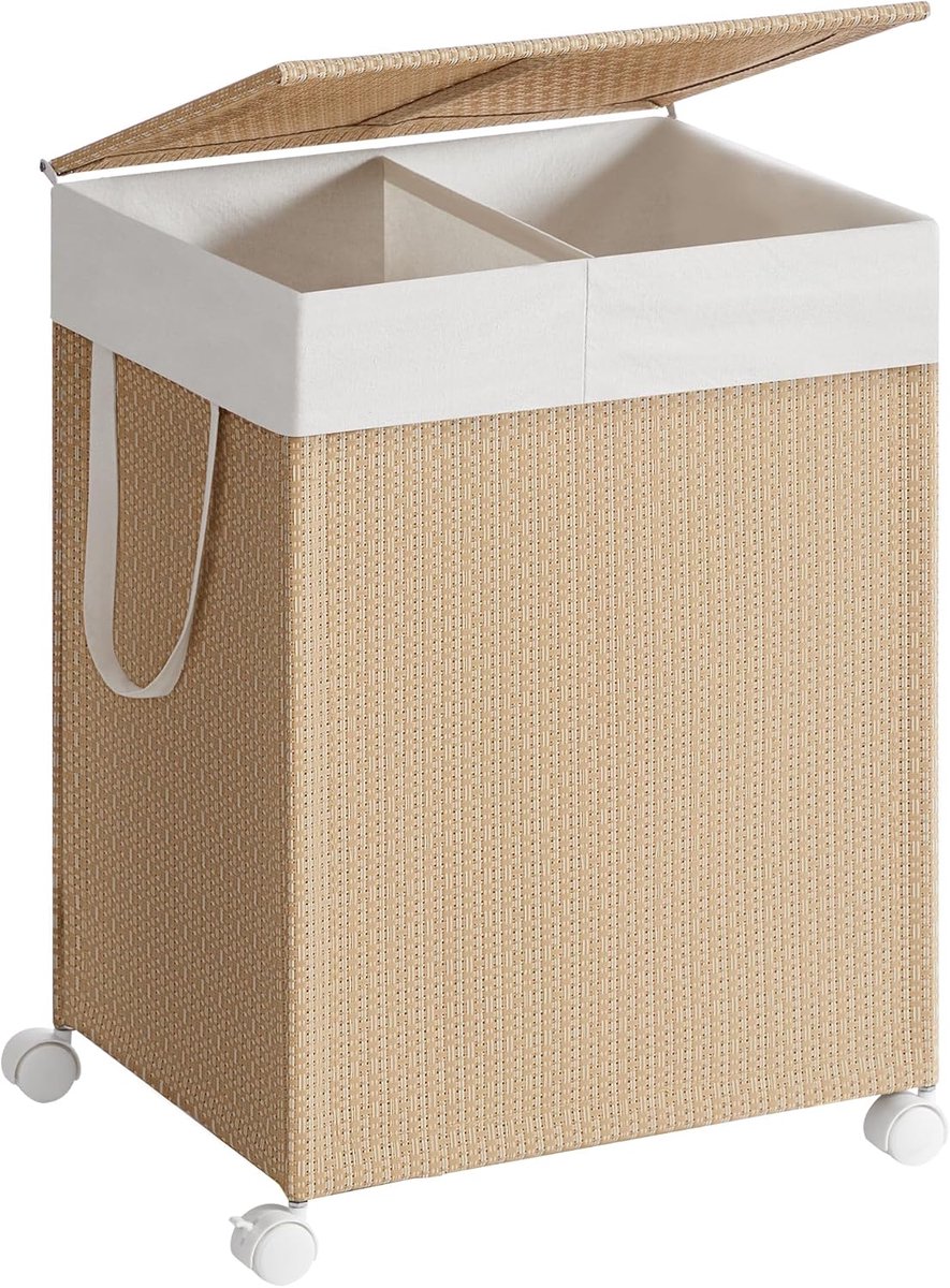 Furnstar HOME Wasmand met 2 vakken - Wasverzamelaar 100 l - Wassorteerder op wieltjes met deksel - Waszak met handgrepen - Rotan-look - Voor bijkeuken en badkamer - Beige/Wit