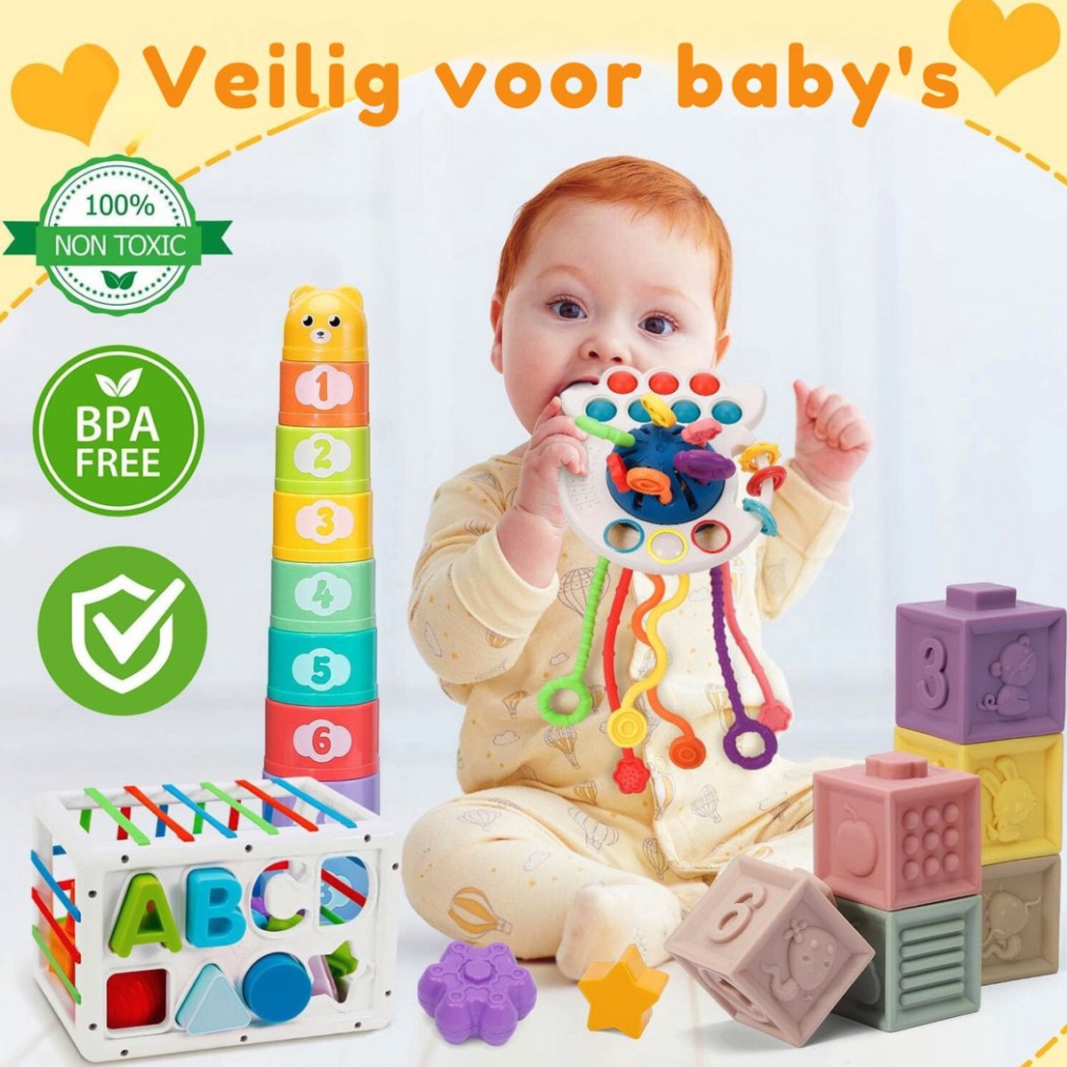 Baby Speelgoed - Speelgoed 1 Jaar - Montessori Speelgoed - Kinderspeelgoed - 4 in 1 Stapelblokken, Bijtring, Vormenstoof & Stapeltoren — afbeelding 4