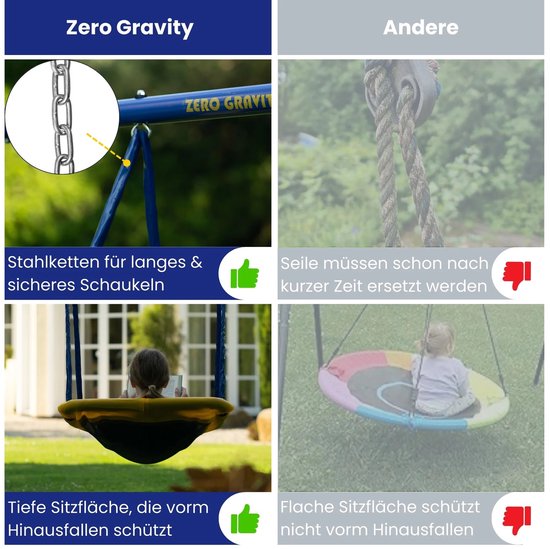 Vergelijking Zero Gravity schommel met stalen kettingen en diepe zitting, versus andere schommel met touwen en platte zitting.