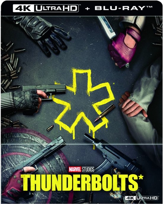 4K Ultra HD en Blu-Ray van Marvel Studios' Thunderbolts*. Met wapens en kogels rond een geel ster-symbool.