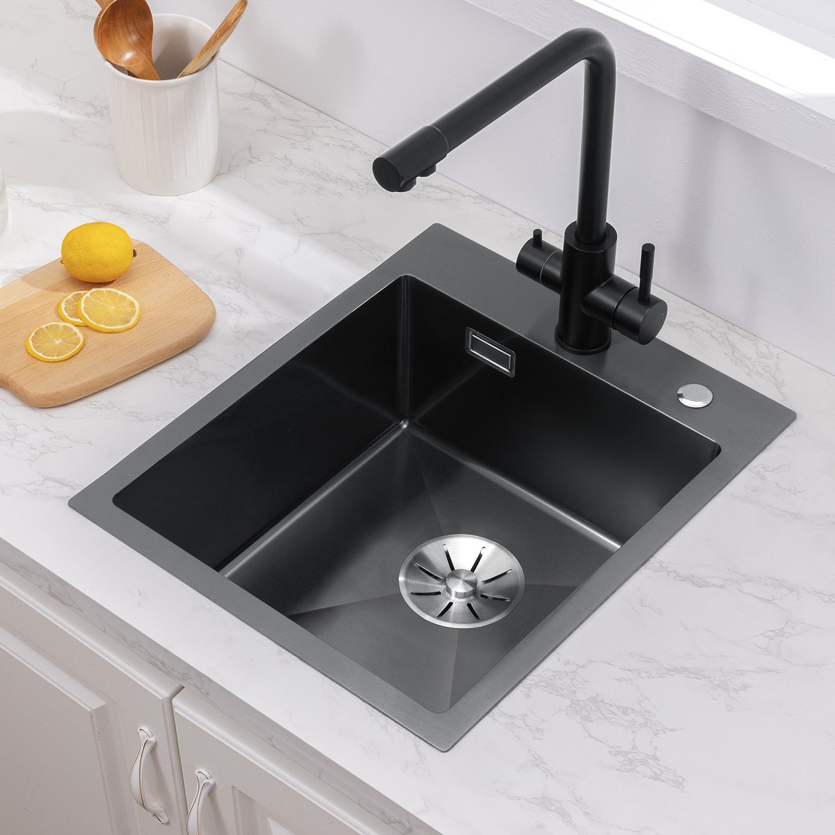 Sofetiy Max Spoelbak voor keuken 40x48CM - Spoelbak Keuken Antraciet - Enkele spoelbakken Met sifon en Afvoerzeefje