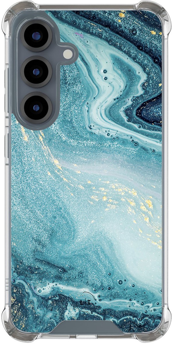 Shockproof hoesje - Geschikt voor Samsung Galaxy S25 - Marmer blauw - Extra sterke case - TPU/polycarbonaat - Marmer - Blauw, Transparant