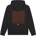 Zwarte hoodie met oranje tekst en leeuw embleem op de achterkant.